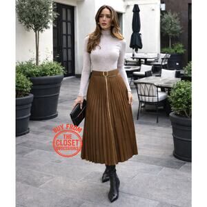 ZARA High-Waisted Whiskey Brown Pleated Midi Skirt NWT